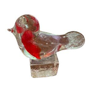 ICET Murano Art Glass Bird on a Ice Cube Handblown Red Robin Paperweight Flaw
